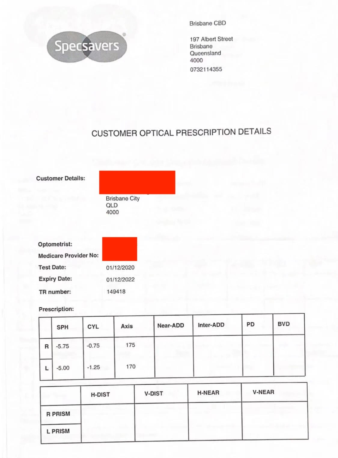 Customer Optical Prescription Details